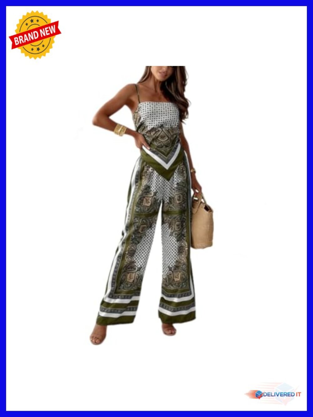 Women's Boho Paisley Print 2 Piece Cami & Wide Leg Pant Set